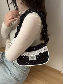 Fashion Pleated Polka Dot Lace Trim Handheld Shoulder Underarm Bag - Black - View 5