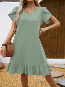 Vestido de Mujer con Cuello en V, Mangas de Concha y Volantes - Gris azul - Ver 4