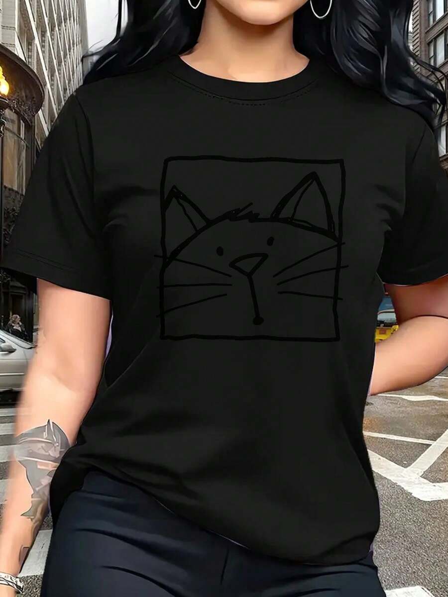 Women's Classic T-Shirt, Soft Pink With Black Cat Face Print - Casual Crew Neck Short Sleeve Top In Pale Pink, Minimalist Casual Outfit, All-Season Comfort, Machine Washable For Women, Cute Clothing For Cat Lovers, Relaxed Fit, Fun Black Cat Design, Breathable Fabric, Versatile For Layering Or Wearing On Its Own, Summer T-Shirt - 黑色 - 查看 1
