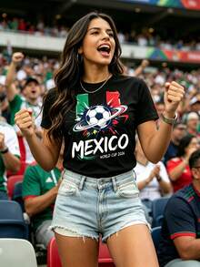 [Women's Summer T-Shirt] 2026 World Cup Theme | Mexico National Team Graffiti Style, Football Planet Ring | 100% Polyester, Vibrant Style For Women, Comfortable And Breathable Short Sleeves, Suitable For Men And Women. A Perfect Gift For Football Fans. - 黑色 - 查看 3