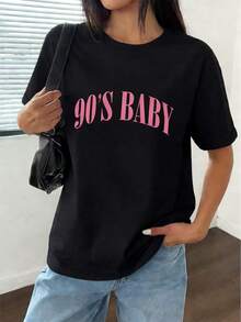 Off-The-Shoulder T-Shirt With Letter Print - Black - View 1