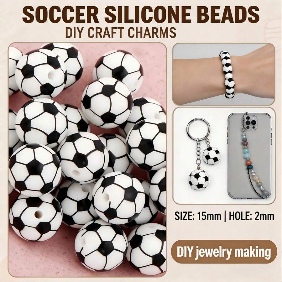 12/36pcs Soccer Silicone Beads Set | 15mm DIY Jewelry Making Materials, Suitable For Keychains, Lanyards | Unisex Handmade Gifts And Educational Projects - Football Printed Silicone Beads - View 1