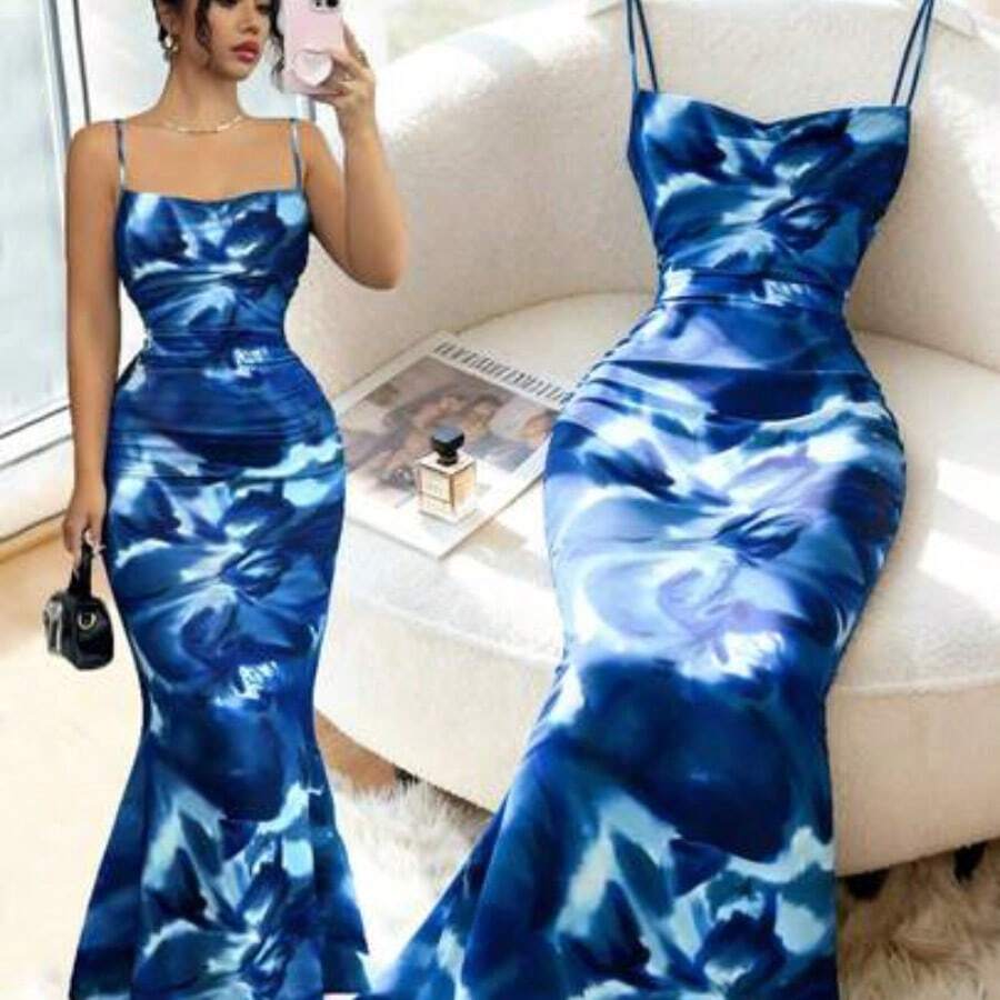 guangzhougaolangshangmao Vestido maxi con estampado aleatorio para uso diario de las mujeres - Azul marino - Ver 1