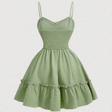 MOD Vestido mini elegante de verano con tirantes finos, encaje, parches y pliegues con estampado floral diminuto AG - Rosa - Ver 5