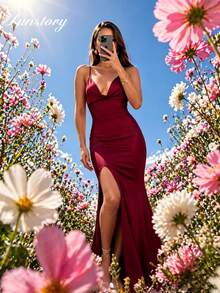 QIANZHIDU Women's Burgundy Long Dress New Elegant Gorgeous Vintage Bohemian Style Solid Color Tank Top Backless High Slit Zipper Stretch Waist Thin Shoulder Strap Summer Evening Gown, Suitable For Wedding Bridesmaid, Banquet, Birthday, Wedding, Music Festival, Beach Vacation, Tea Party, Stage And Country Music Concert - Burgundy - View 3