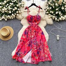 2026vestido Midi de playa con estampado de limón, vestido veraniego con tirantes finos para mujer, vestido veraniego Floral bohemio coreano con abertura y espalda descubierta - Blanco - Ver 3