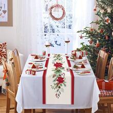 1PC Christmas Poinsettia & Pine Cone Print Table Runner, Rustic Farmhouse Style Multi-Size Table Runner, Machine Washable Dining Table Scarf For Christmas Dinner, Winter Holiday, Everyday Home Decor - Multicolor - View 3