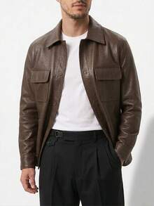 Men's PU Leather Jacket With Pockets, Casual, Stylish, Premium Fashion, Winter, Button-Down, Streetwear, Old Money - 鏽棕色 - 查看 2