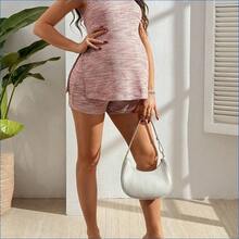 HENG
  Conjunto de camiseta y pantalones cortos de mujer embarazada de estilo casual con cuadros de tweed y abertura lateral, adecuado para vacaciones, ocio de moda y otras ocasiones - Niebla azul - Ver 7