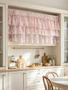 1pc French Romantic Pink Floral Lace Ruffled Curtain For Small Window, 3-Layer Tiered Sheer Valance For Kitchen Cabinet , Rod Pocket Short Sheer Curtain For Cafe Farmhouse Decor - Pink - View 8