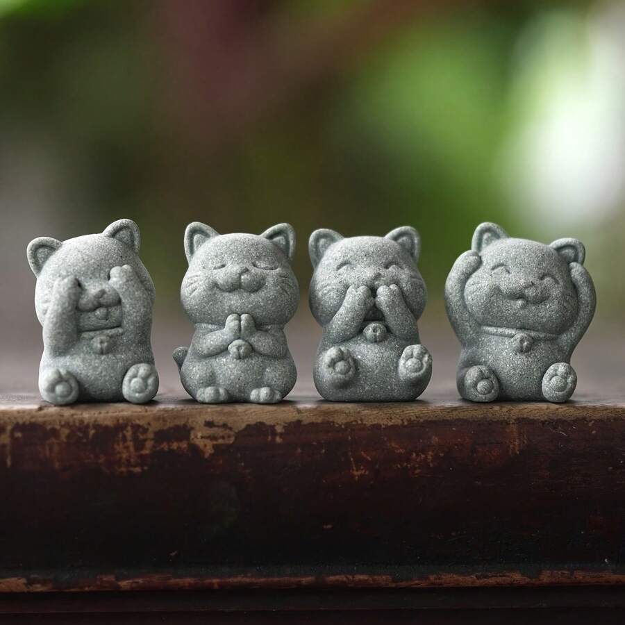 Healing See No Evil/Hear No Evil/Speak No Evil/Praying Lucky Cat Figurine Ornament, /Prayer Room/Office/Tea Table/Outdoor Garden/Moss Planter/Aquarium Fish Tank Decor, Creative Gift - Multicolor - View 1