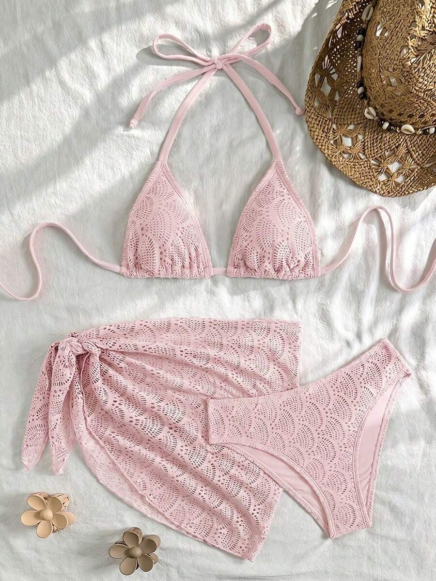 Swim Vcay Women's Halter Style Solid Color Bikini Swimsuit Set, Swimwear Set For Summer Beach Vacation - 卡其色 - 查看 1