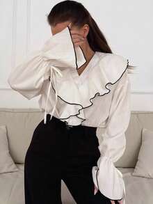 Blusa casual francesa con volantes superpuestos y colores contrastantes - Blanco - Ver 9