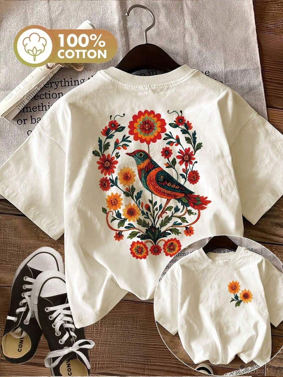 New Style [Double-Sided Print] Women's Summer Casual T-Shirt, Floral And Bird Print, Round Neck, Short Sleeve T-Shirt 100% Cotton, Summer Top - Urban Vintage Style, Unisex, Loose Fit, Pure Cotton Short Sleeve T-Shirt With Round Neck. - 杏色 - 查看 1