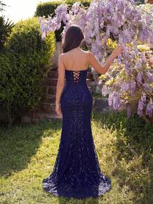 ADYCE Elegant V-Neck Sequin Embroidered Hollow-Out High Waist Side Split Open Back Dress Wedding Guest Dress Prom Homecoming Wedding Guest Formal Dinner - Navy Blue - View 2
