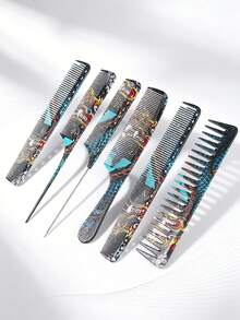 6Pcs Dragon Tattoo Print Hair Comb Set, Wide Tooth & Fine Tooth Rat Tail Combs For Braiding, Sectioning & Styling - Multicolor - View 1