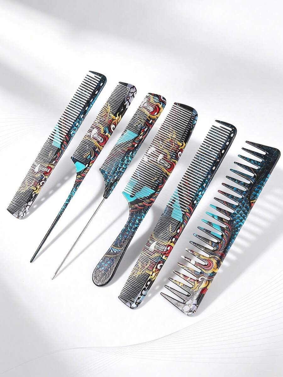 6Pcs Dragon Tattoo Print Hair Comb Set, Wide Tooth & Fine Tooth Rat Tail Combs For Braiding, Sectioning & Styling - Multicolor - View 1