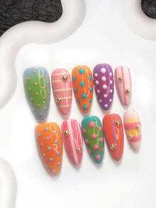 10pcs Handmade Press-On Nail Set, Dopamine Style Polka Dot Design, Green, Purple And Orange Nail Polish, Includes Nail Tools, 3 Sizes Available, Almond/Duck/Coffin Shape, Suitable For Party, Dancing, Daily Wear - Multicolor - View 14