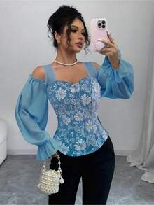 Fashionable Open-Style Design With Long Floral Jacquard Sleeves And Adjustable Shoulder Straps - [紅色的] - 查看 7