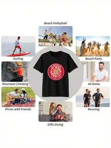 T-shirt à manches courtes en pur coton pour hommes, décontracté, oversize, respirant, doux, imprimé Girona Futbol Club, cadeau de vacances européen, Noël, Nouvel An, Fête des Pères, anniversaire pour lui, confortable pour un port quotidien, coupe ample, top d'été, style mode sportif, léger, respectueux de la peau - Noir - Voir 5