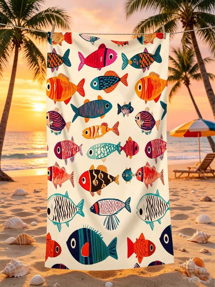 1pc Fish Pattern Beach Towel, Ocean Style, Bathroom Towel, Minimalist Fashion Thickened Superfine Fiber Material, Rectangular Soft & Comfortable, Sports Towel, Yoga Towel - Multicolor - View 1