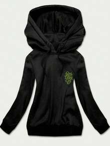 Women's Short Sweatshirt, Hooded Sweatshirt, Pulls On Over The Head, Waist Length, Sleeves And Hem Finished With Cuffs, Decorative Print, The Sweatshirt Is Smaller Than The Label Suggests. - Black - View 3