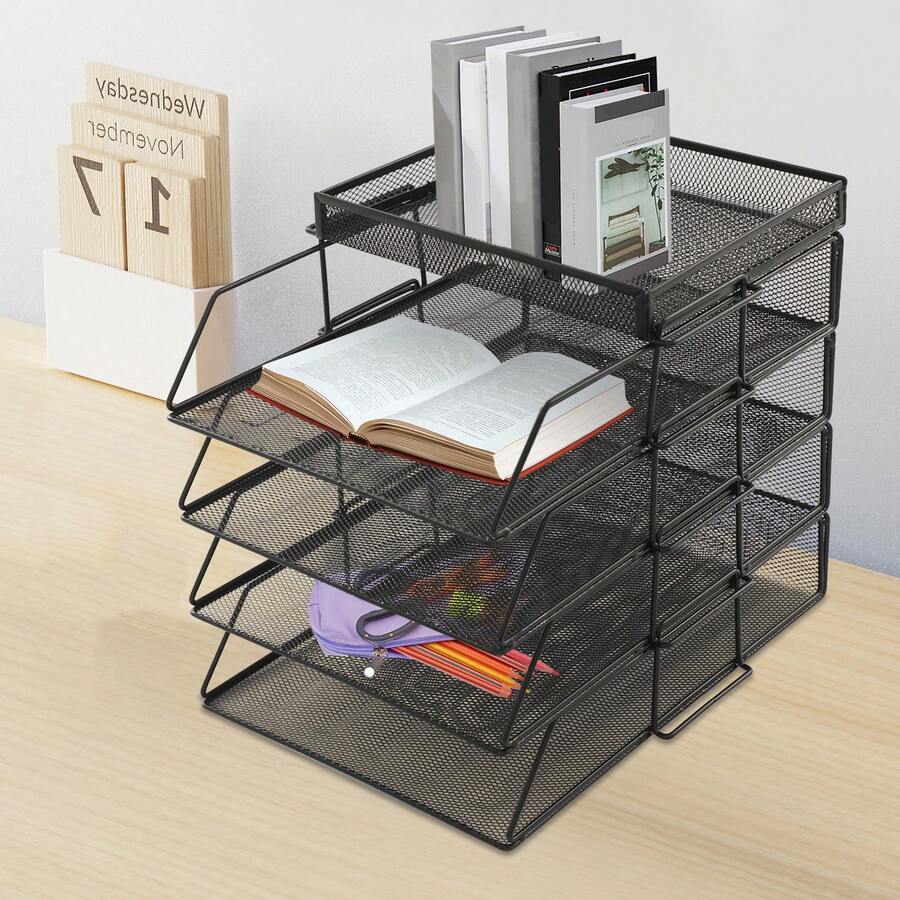 5-Tier Desk File Organizer, Detachable Iron Document Holder With Top Tray For Office Home School Storage - A - View 1