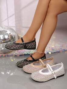 Sepatu Jala Berhiaskan Berlian Imitasi Hitam Ukuran Besar untuk Wanita, Sepatu Mary Jane Jala Bernapas Modis dengan Berlian Imitasi Warna-warni untuk Musim Panas, Sepatu Slip-On Nyaman dan Serbaguna untuk Kaki Lebar, Gaya Peri untuk Rok dan Klub Malam - Hitam - View 2