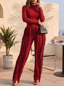 CALEBGAR Women's Sexy Two Piece Outfits Long Sleeve Fringe Pants Set Clubwear Going Out Birthday Party Night Outfits - 紅色 - 查看 3