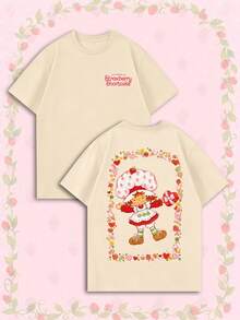 女款夏季 T-shirt，可愛糖果邊印花寬鬆休閒 T-shirt，適合日常甜美女孩風格 - 杏色 - 查看 7