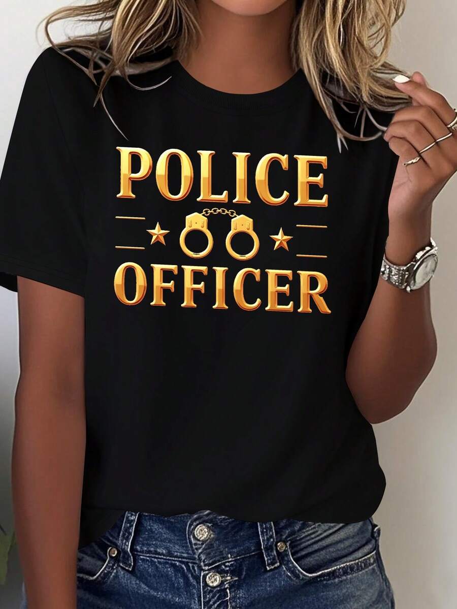 Police Uniform With Handcuffs, Comfortable Solid Color T-Shirt For Women, Printed T-Shirt. - Black - View 1