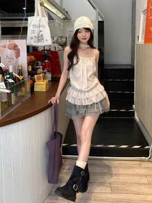 2pcs Polka Dot Frill Trim Camisole & Knit Cardigan Set - Apricot - View 4