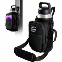 Soporte magntico para botella de agua con bolsillo para telfono para taza de 24 32 40 onzas, 5 imanes para botella de agua con correa de mano ajustable para gimnasio, senderismo, viajes, camping - negro - - Ver 1