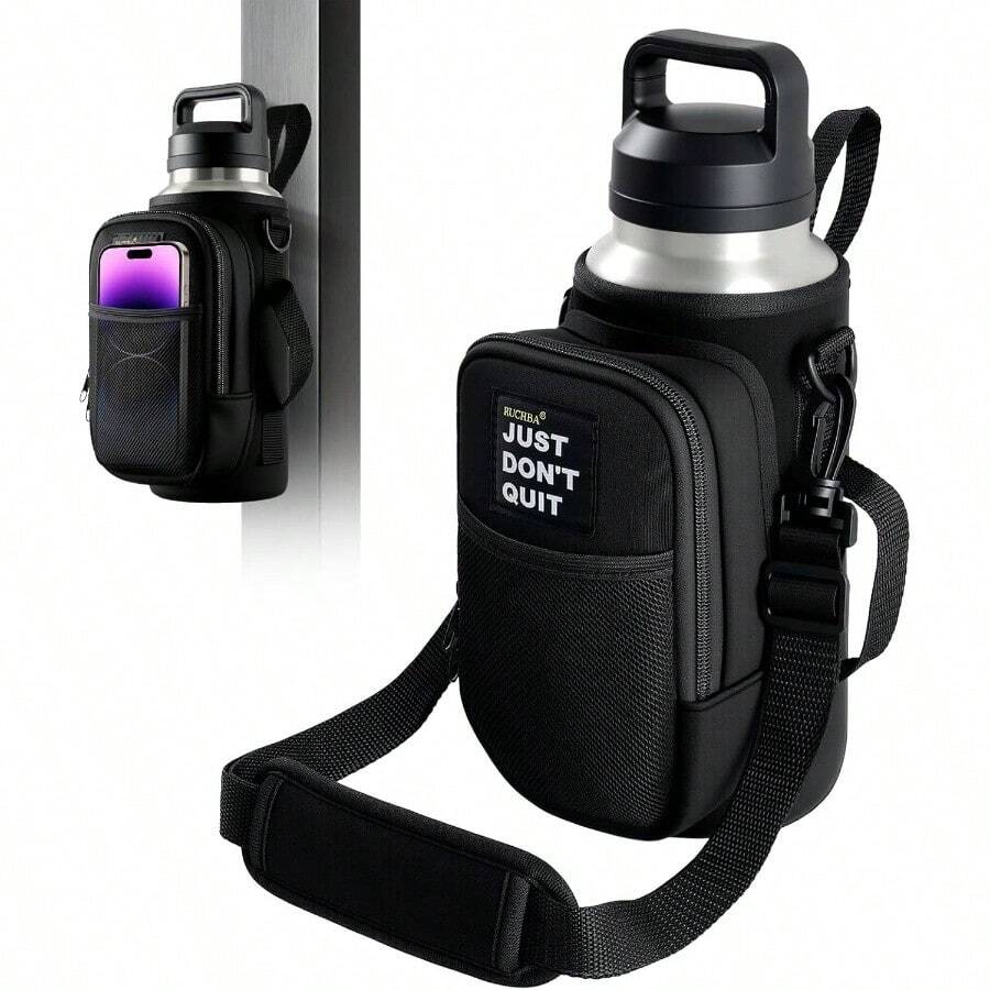 Soporte magntico para botella de agua con bolsillo para telfono para taza de 24 32 40 onzas, 5 imanes para botella de agua con correa de mano ajustable para gimnasio, senderismo, viajes, camping - negro - - Ver 1