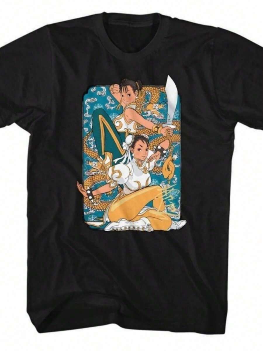 Dual Chun Li Gaming T-Shirt, Loose Fit Retro T-Shirt - Back - View 1
