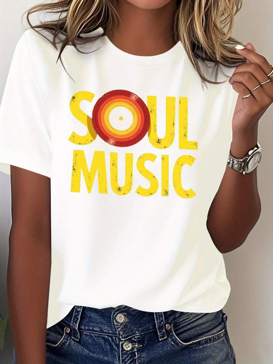 Women's T-Shirt With Vintage Soul Music Print - 70s Vinyl Record Design And Bold Font, Black With Yellow Print, Casual Style, Soft Pure Cotton, Comfortable For All Seasons, A Must-Have For Music Lovers. Printed T-Shirt - 白色 - 查看 1