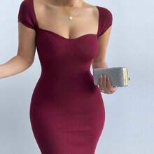 New Ribbed Long Dress With Boat Neck - Burgundy - View 6