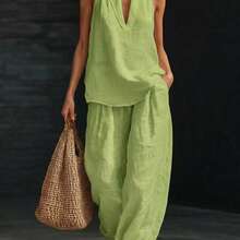 Women's Halter V-Neck Sleeveless 2-Piece Set, Solid Wide Leg Pants, Casual Lounge Co-Ord Outfit For Summer Vacation - 淺綠色 - 查看 13