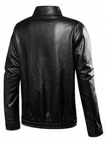 New Men's Solid Color PU Leather Zipper Front Lapel Casual Jacket - Black - View 2