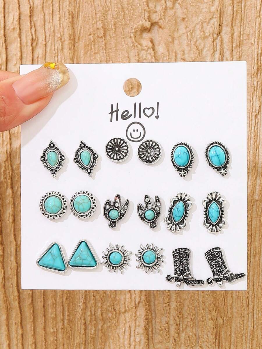 9 pares de pendientes de botón para mujer con patrón geométrico de flores turquesas estilo bohemio vintage personalizados - Conjunto de 9 pares de botas  triangulares color turquesa - Ver 1