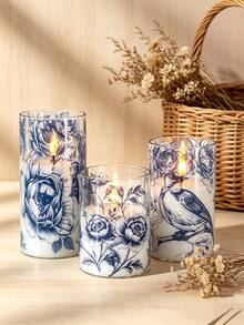 Blue And White Porcelain Floral Bird Print Electronic Candle Set, 3pcs, Remote Control Timer Solar Powered Waterproof LED Faux Candles, French Vintage Blue And White Pattern Glass Cup Candles, Romantic Atmosphere Decor, Christmas / Wedding / Birthday / Valentine's Day / Party Home Decor, Suitable For Living Room, Bedroom, Bathroom, Outdoor - Blue and White Porcelain - View 4