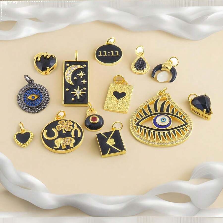 1 pieza colgante premium de cobre con microincrustación de circonita, estilo nuevo personalizado hip-hop, sobre con ojo malvado, serie negra, accesorio versátil hecho a mano para pulsera, collar, bolso y pendientes DIY - Multicolor - View 1