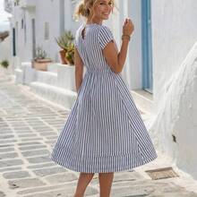 xuehuamaoyi02  Vestido largo casual de mujer con cintura ceñida y rayas, para verano - Blanco y Negro - Ver 3