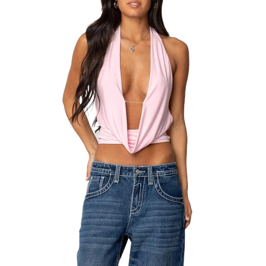 Ropa Sexy Y2K para mujer, camisetas sin mangas con cuello Halter, Top corto sin mangas con espalda descubierta y espalda abierta, chalecos Vintage de los años 90 con cuello en V profundo - B - Ver 1