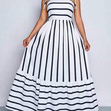 yonghongmaoyi1  Vestido maxi de estilo fluido con rayas, con tirantes y detalles de recogido en el pecho, adecuado para vacaciones, playa, ir al trabajo y uso casual, elegante vestido (floral aleatorio) - Café integral - Ver 9