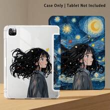 俏皮女孩與星空月亮圖案彩繪效果平板保護殼，內置筆槽，相容 Honor 8/9/10/X8/X8A/X9/X8Pro/X9Pro、MatePad SE 11 吋/MatePad 11 吋/11.5 吋、MatePad Pro、Apple 10代/11代 2025 (A16) - 彩色 - 查看 6