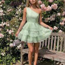 yonghongmaoyi1  Charm Vestido de mujer, vestido asimétrico de hombro, falda de pastel de varias capas, adecuado para fiestas, eventos, bodas, vestido de volantes escalonados, vestido de organza para mujer, vestido de té para mujer, vestido de cumpleaños para mujer, vestido de un hombro - Verde - Ver 1