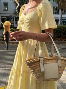 2026 Summer New Arrival French Elegant Dress, Yellow Bohemian Style Square Collar Short Sleeve Waist Flared Skirt, Minimalist Casual Vibe, Suitable For Vacation, Beach, Music Festival, Commute, Date, Leisure Wear - Yellow - View 10