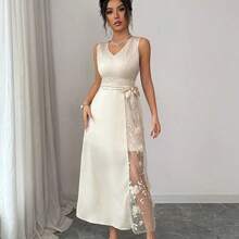 xuehuamaoyi02  Vestido elegante sin mangas con decoración floral 3D en escote en V para mujer - Rosa - Ver 6