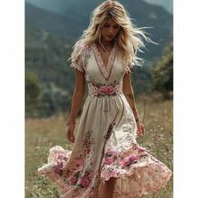 Boho Floral Embroidered Maxi Dress - V-Neck Lace Trim Short Sleeve Tiered Skirt, Perfect For Cottagecore & Garden Events, Romantic Vintage Style,Women's Dress, Women's Jumpsuit - SJWVLDX-K-5 - 查看 2